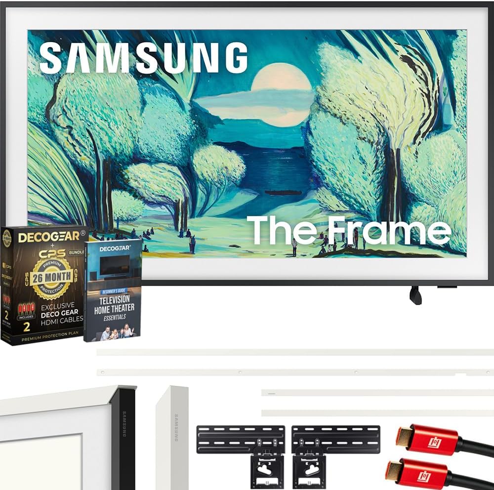 Samsung QN50LS03FA 50' The Frame QLED 4K AI TV (2025) Bundle with Modern White Bezel, CPS 26 Month Protection, Slim Flat Mount, 2X HDMI Cables & Deco Gear Complete Home Theater Beginner's Guidebook
