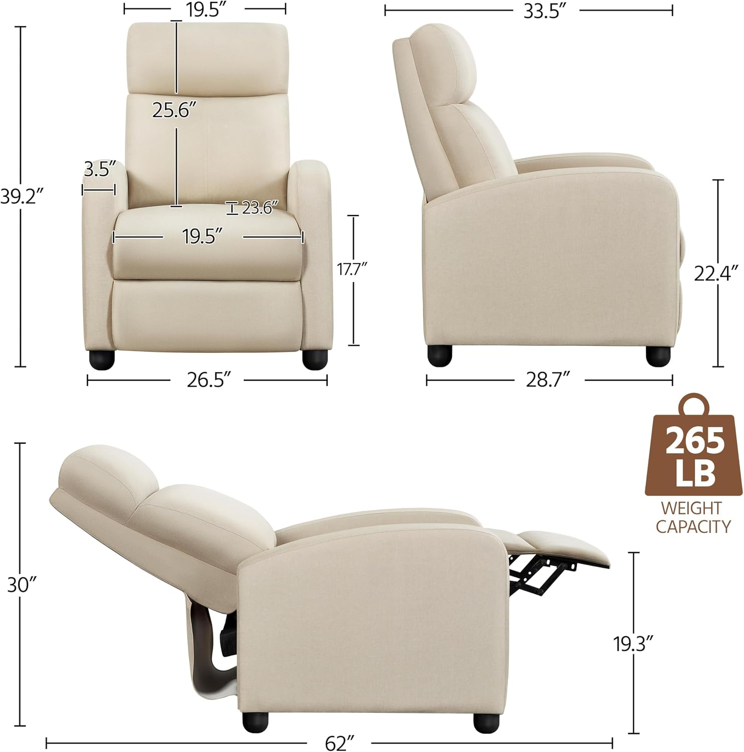Yaheetech Modern Fabric Recliner Chair Sofa Adjustable Single Sofa with Thicker Seat Cushion and Backrest for Living Room Home Theater, Beige
