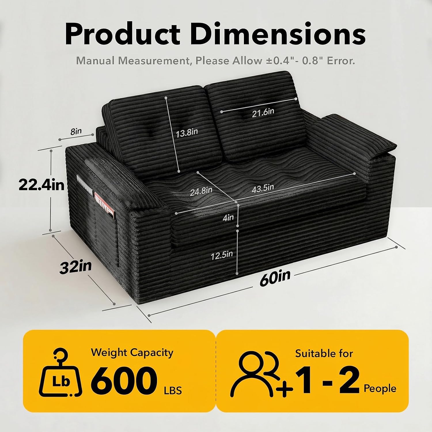 Boneless Loveseat Sofa, 60in Cloud Couch Sofa for Living Room 2 Seater Modern Lounge Sleeper Couch with Removable Cover Corduroy with Armrest, Seat Cushion & Pillows for Small Spaces, Black
