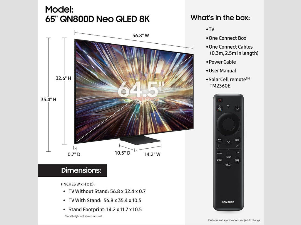 Samsung 65-Inch Class QLED 8K QN800D Series Mini LED, Neo Quantum HDR Smart TV w/Dolby Atmos, Object Tracking Sound+, AI Motion Enhancer, Real Depth Enhancer Pro, Alexa Built-in (QN65QN800D, 2024)