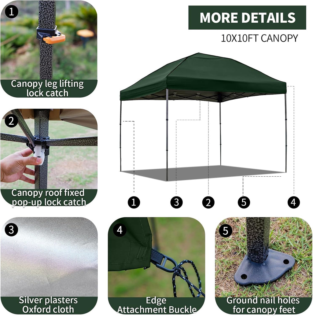 10x10 Pop Up Canopy Tent with 2 Sidewalls, Easy Up Canopy Outdoor Party Sun Shade Tent Portable Gazebo for Beach Camping Events with Carry Bag and 4 Sand Bags(Dark Green)