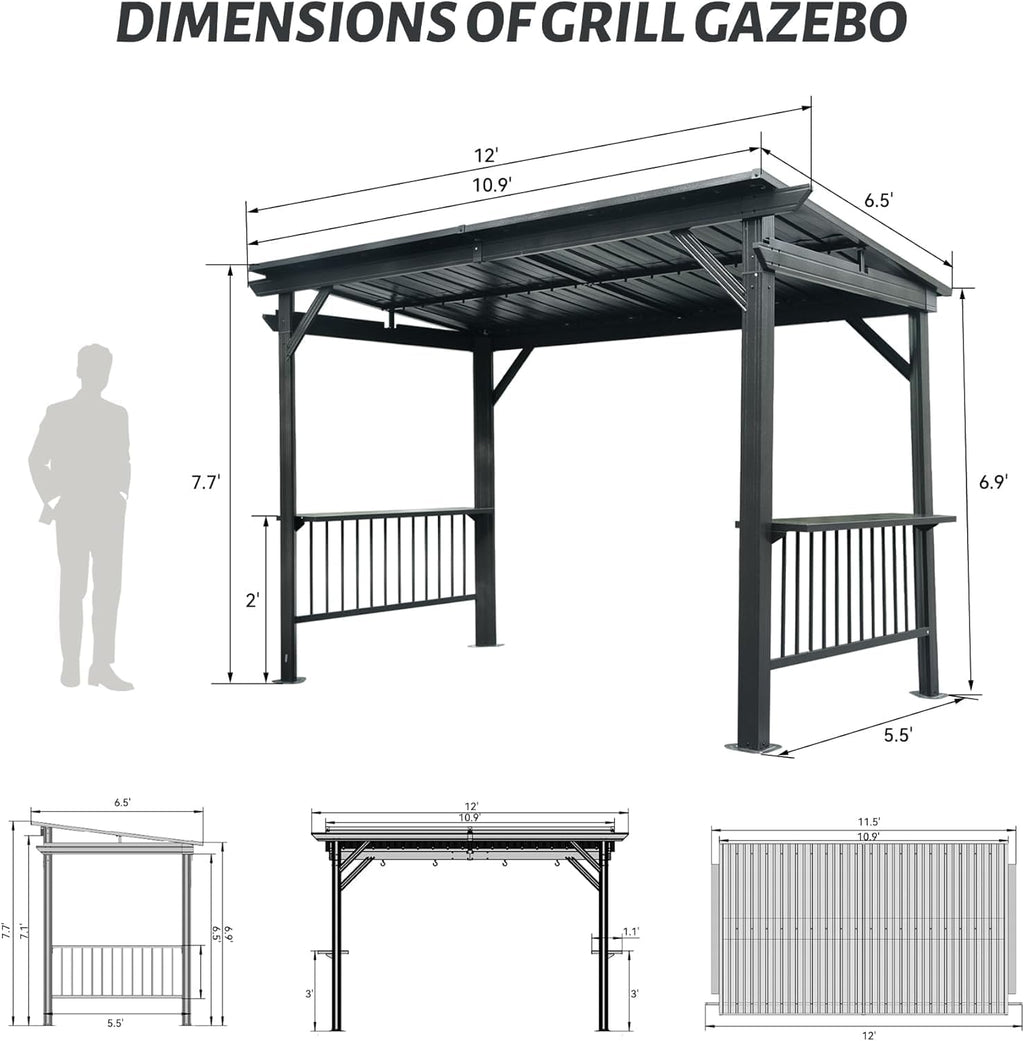 Aluminum Grill Gazebo with Double Roof & Shelves - Permanent Hardtop BBQ Shelter for Patio, Deck, Backyard, Outdoor Cooking,Flame (Gray, 6.5'x12' Sloping Roof)