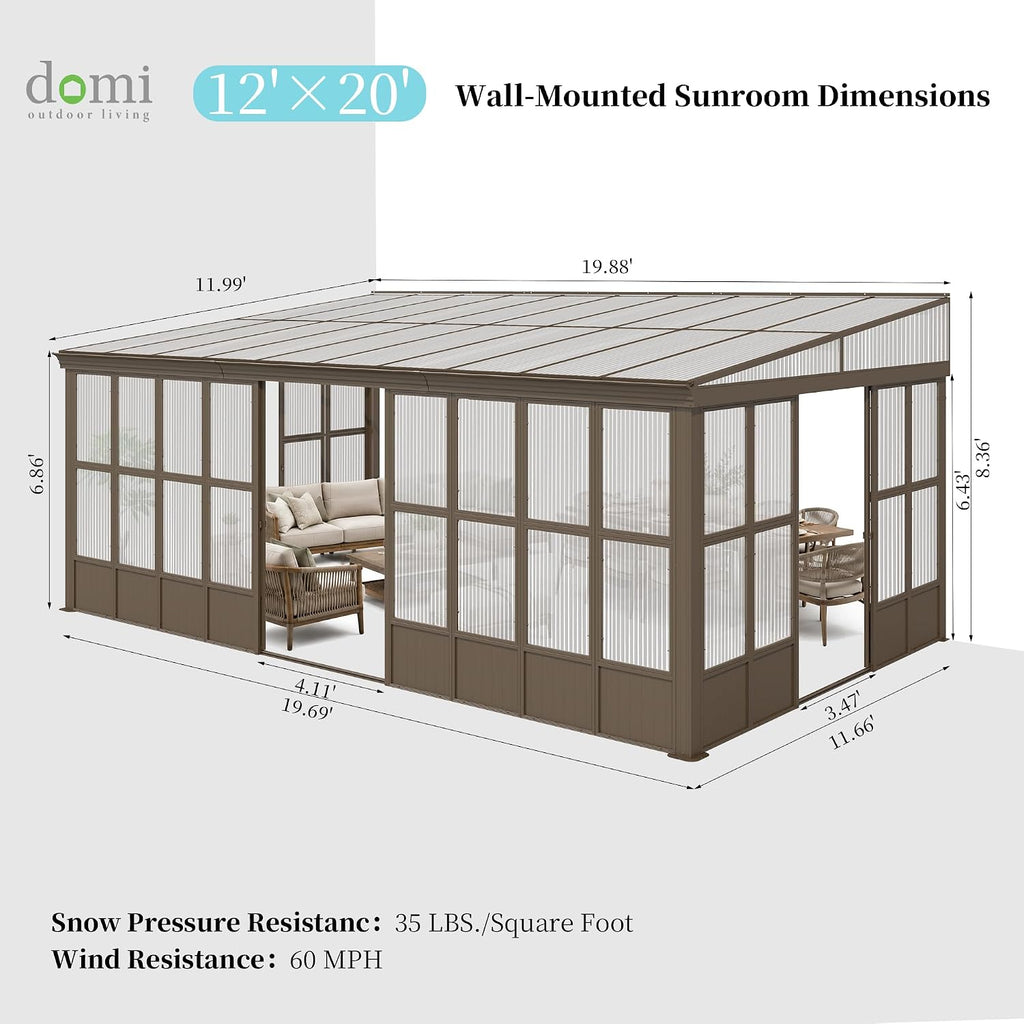 Domi 12x20FT Sunroom, Wall Mounted Sunroom with Polycarbonate Sloping Roof, Outdoor Sunroom Gazebo with Detachable PC Screen, 3 Sliding Double Doors, Lean to Sun Room for Patio, Deck