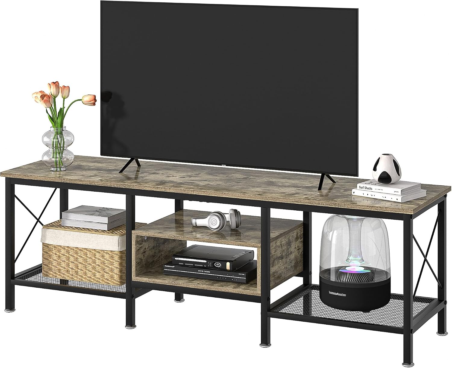 VECELO Industrial TV Stand for 65 Inch Television Cabinet 3-Tier Console with Open Storage Shelves, Entertainment Center Metal Frame for Living Room, Bedroom, 55 Inch, Grey