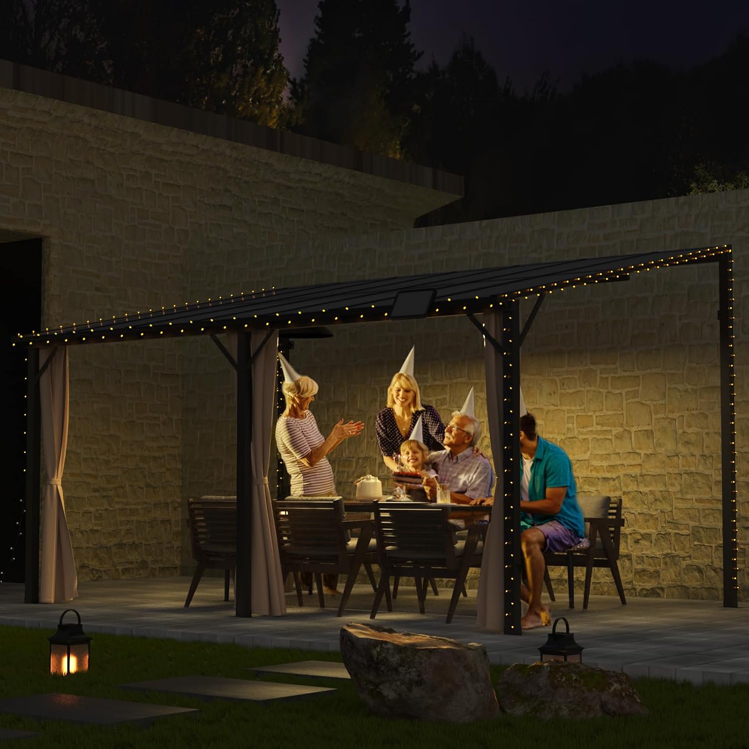 10x14 Outdoor Lean to Gazebo, Large Wall-Mounted Pergola Gazebo, Hardtop Heavy Duty Pavilion with Metal Frame, Awnings for Patios, and Permanent Gazebos for Decks and Backyards