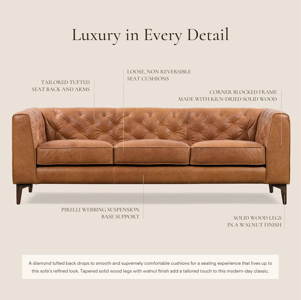 POLY & BARK Essex 89' Full-Grain Italian Leather Sofa – Tufted Back, Feather-Down Comfort, Solid Wood Frame, Cognac Tan