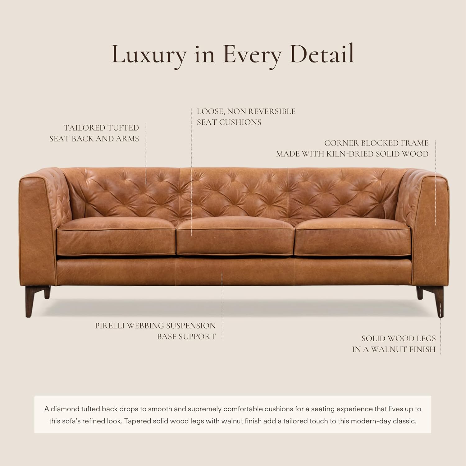 POLY & BARK Essex 89' Full-Grain Italian Leather Sofa – Tufted Back, Feather-Down Comfort, Solid Wood Frame, Cognac Tan
