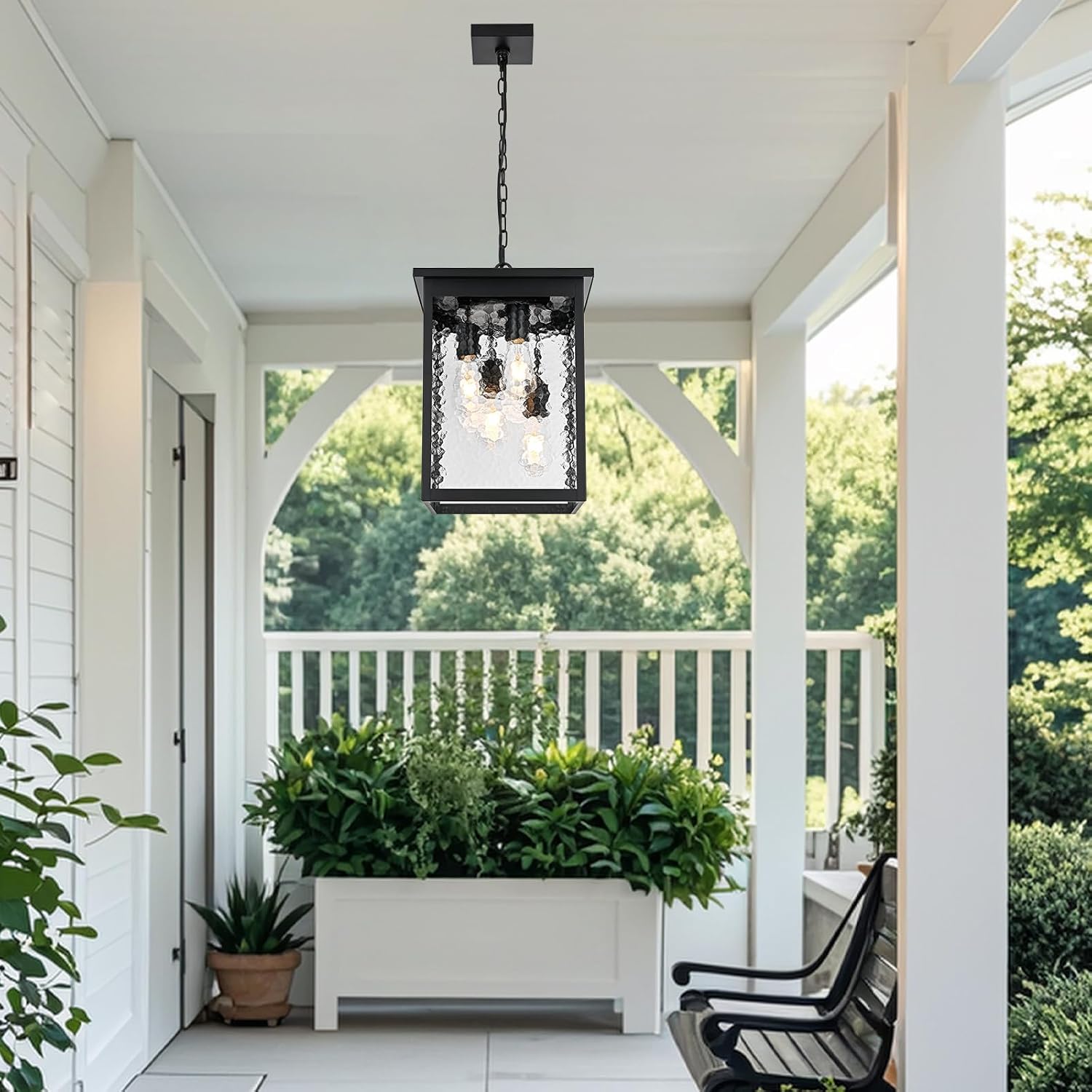 16.7'' Outdoor Pendant Lights for Porch, 4-Lights Black Exterior Pendant Light with Hammer Glass, Outdoor Porch Light Ceiling Mount Outdoor Hanging Light Fixture for Gazebo, Patio, Entryway