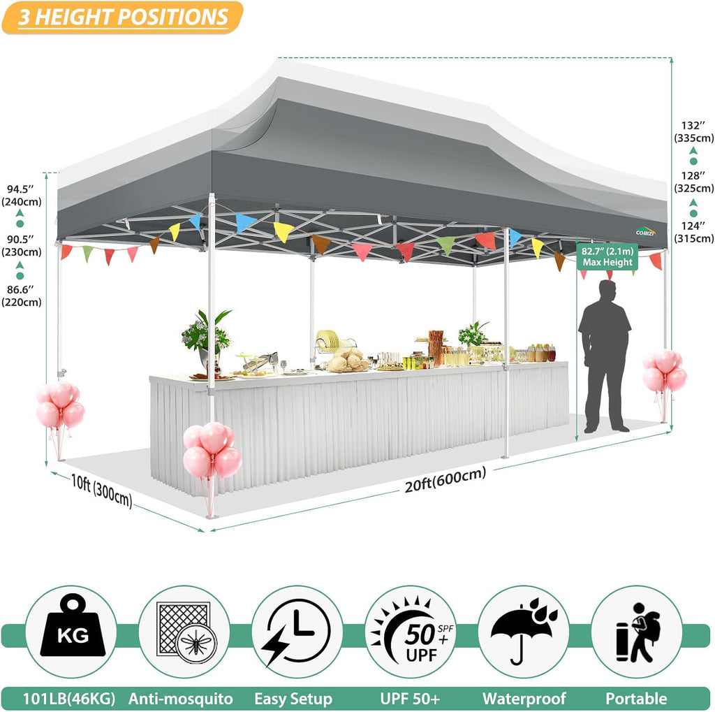 COBIZI 10x20 Canopy Tent with 6 Sidewalls,Heavy Duty Pop up Canopy with Mosquito Netting,Easy up Screen Tent for Parties Wedding Outdoor Patio with Roller Bag,Gray