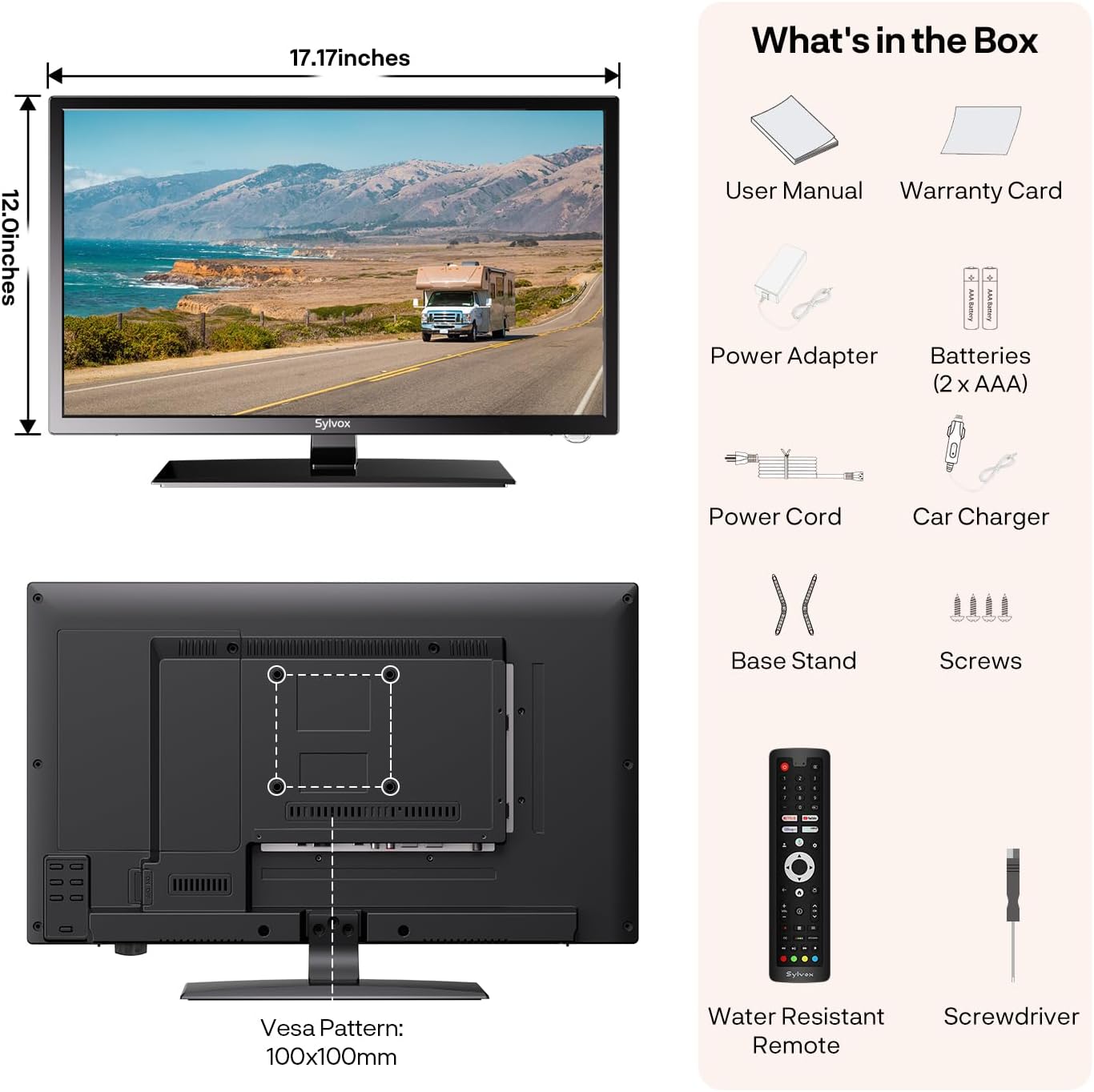 SYLVOX 19'' RV TV, Smart 12V HDTV W/DVD Player, Dual Power Options (12V DC/AC), Google OS & Google Assistant Compatibility, WiFi & Bluetooth, HDMI/USB Ports, Perfect for RVs, Campers, and Kitchens