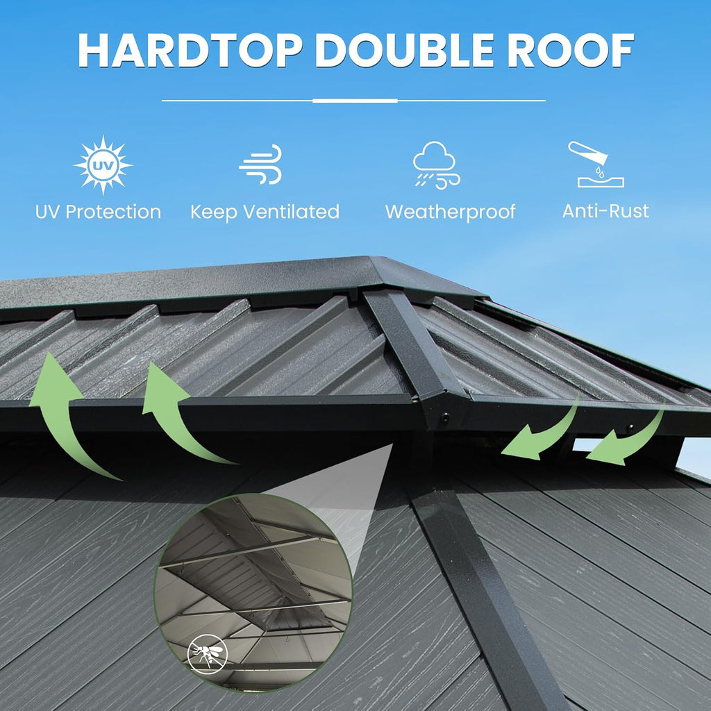 Domi 14' X 22' Hardtop Gazebo, Upgraded Metal Gazebo with Dual-Layer Resin Roof, Drainage System, Curtain and Netting, Outdoor Shelter Canopy for Patio, Garden, and Backyard, Grey