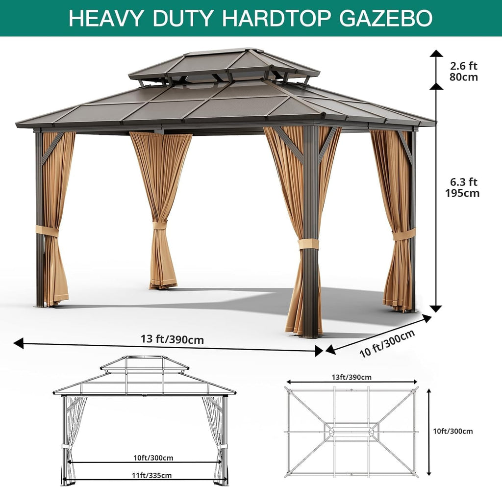 TROPOW 10×13 FT Hardtop Gazebo with Polycarbonate Double Roof, Khaki Aluminum Frame Outdoor Patio Gazebo with 2 Track Curtains & Netting, Water-Drainage, UV Protection, Permanent Backyard Canopy