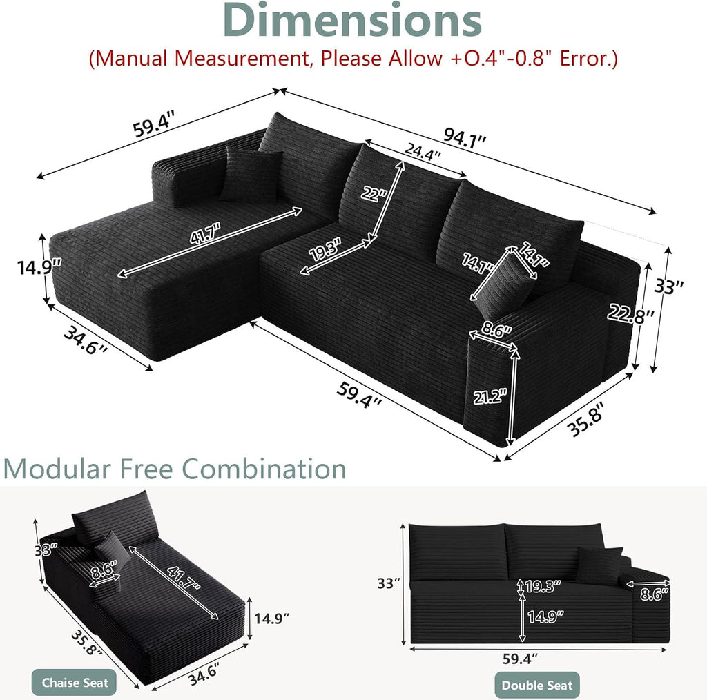 95' Modular Sectional Sofa, Modern Corduroy Cloud Couch with Side Pockets, Boneless Couch Upholstered 3-Seater L-Shaped Sofa for Living Room, No Assembly Required (Black,Left-Facing Chaise)