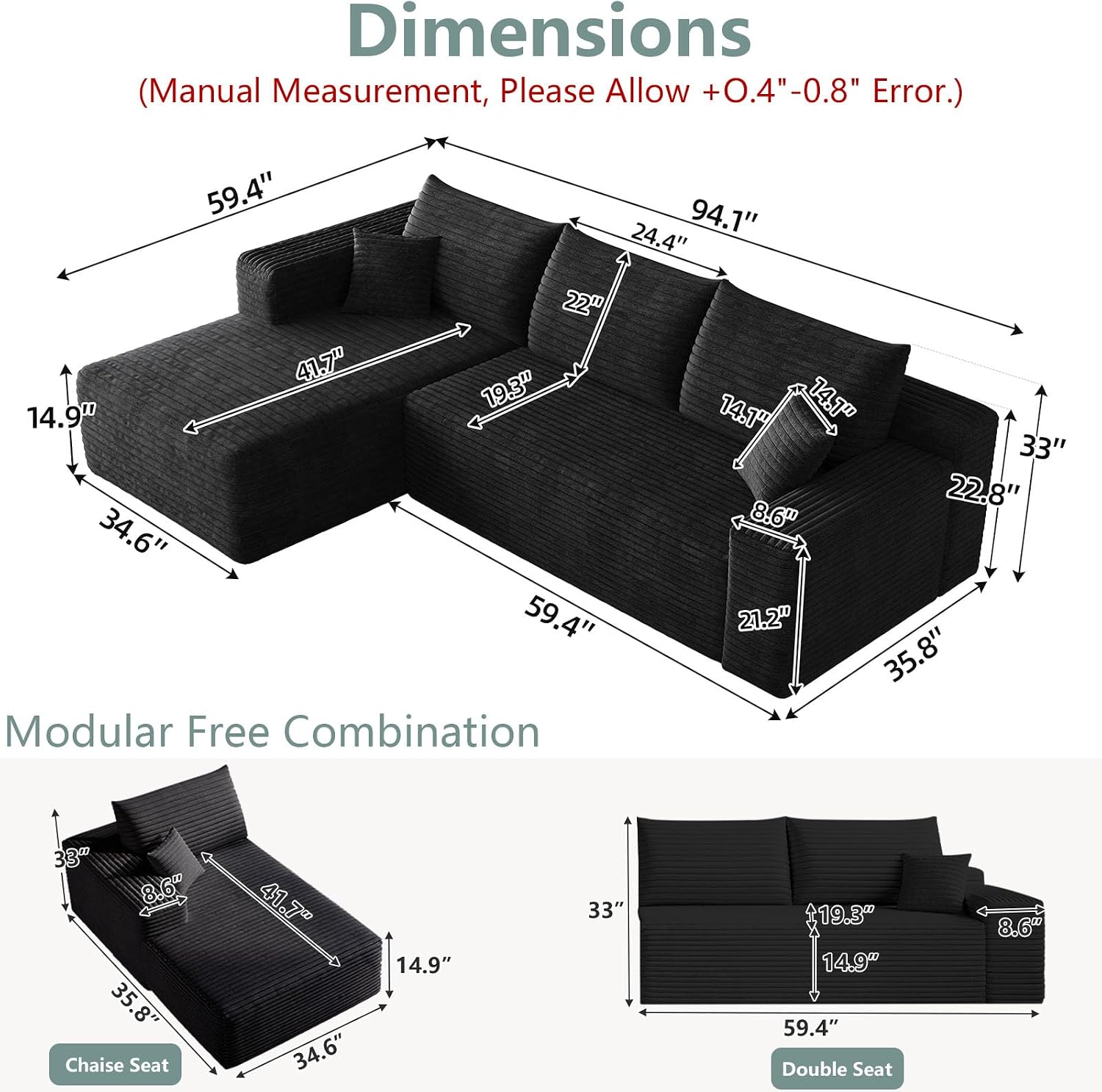 95' Modular Sectional Sofa, Modern Corduroy Cloud Couch with Side Pockets, Boneless Couch Upholstered 3-Seater L-Shaped Sofa for Living Room, No Assembly Required (Black,Left-Facing Chaise)