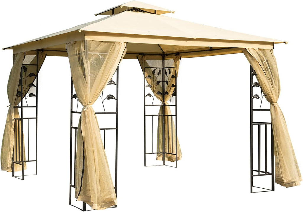 Outsunny 10' x 10' Metal Patio Gazebo, Double Roof Outdoor Gazebo Canopy Shelter with Tree Motifs Corner Frame and Netting, for Garden, Lawn, Backyard, and Deck, Beige