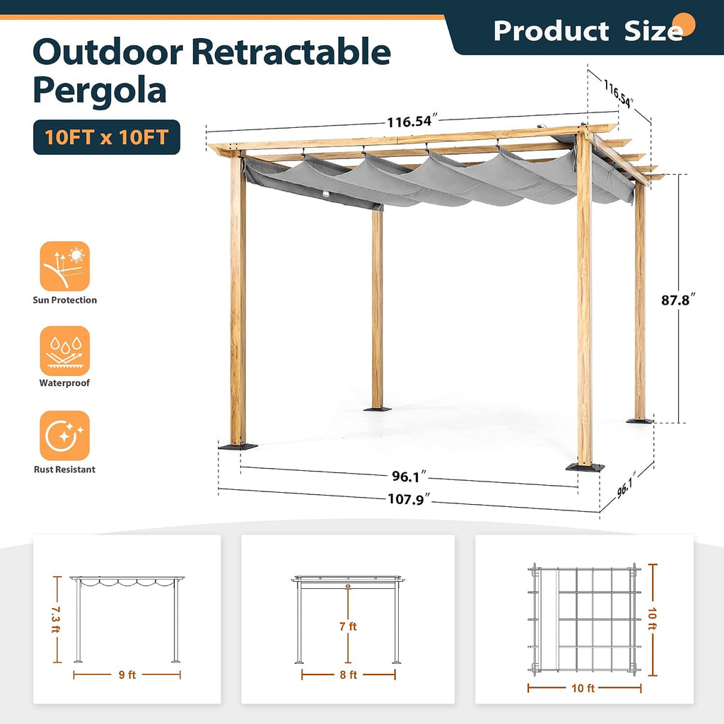 HAPPATIO 10' X 10' Pergola Retractable Canopy for Backyard, Garden, Patio; Woodgrain-Look Aluminum Frame with Retractable Pergola Canopy, Includes Anchors and Expansion Screws (Grey)