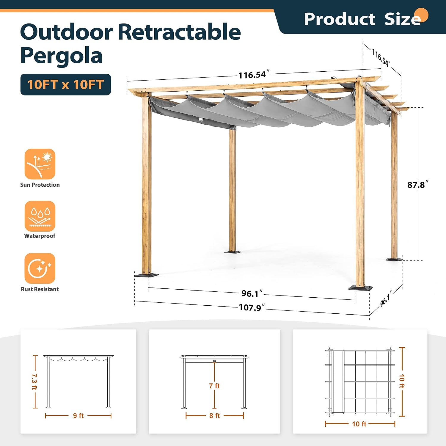 HAPPATIO 10' X 10' Pergola Retractable Canopy for Backyard, Garden, Patio; Woodgrain-Look Aluminum Frame with Retractable Pergola Canopy, Includes Anchors and Expansion Screws (Grey)