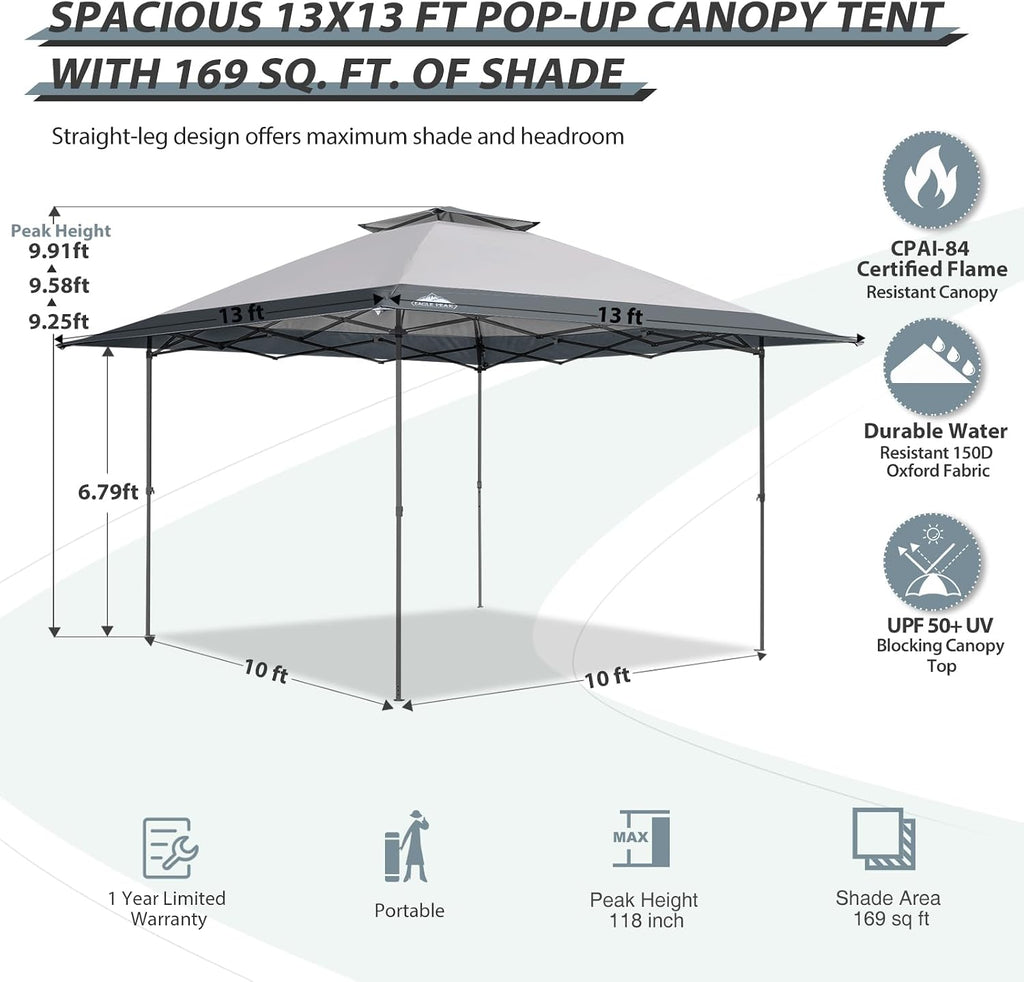 EAGLE PEAK 13x13 Straight Leg Pop Up Canopy Tent Instant Outdoor Canopy Easy Single Person Set up Folding Shelter w/Auto Extending Eaves 169 Square Feet of Shade (Light Gray)