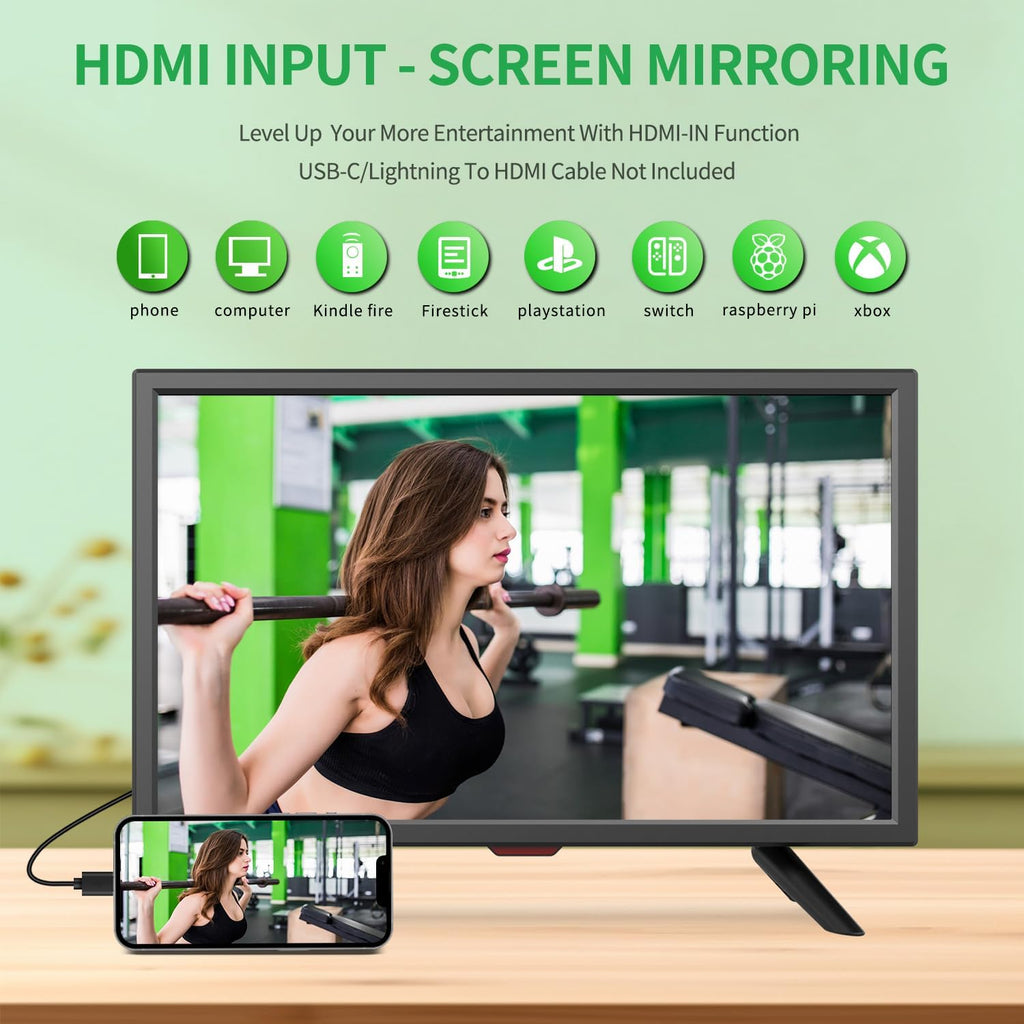 Jexiop TV 20 inch,Full Viewing Angles 1080P HD,Small Kitchen Wall-Mounted Digital TV-HDMI/USB Ports-Dual Power DC-12V& AC Adapter Inputs for Your Caravan&Bedroom