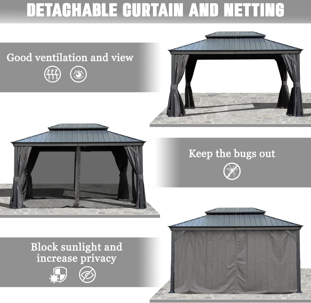 Domi Hardtop Gazebo 10x14FT, Outdoor Gazebo with Galvanized Steel Double Roof, Metal with Drainage System, Detachable Curtain and Netting, Metal Pavilion for Patio Deck Garden, Gray