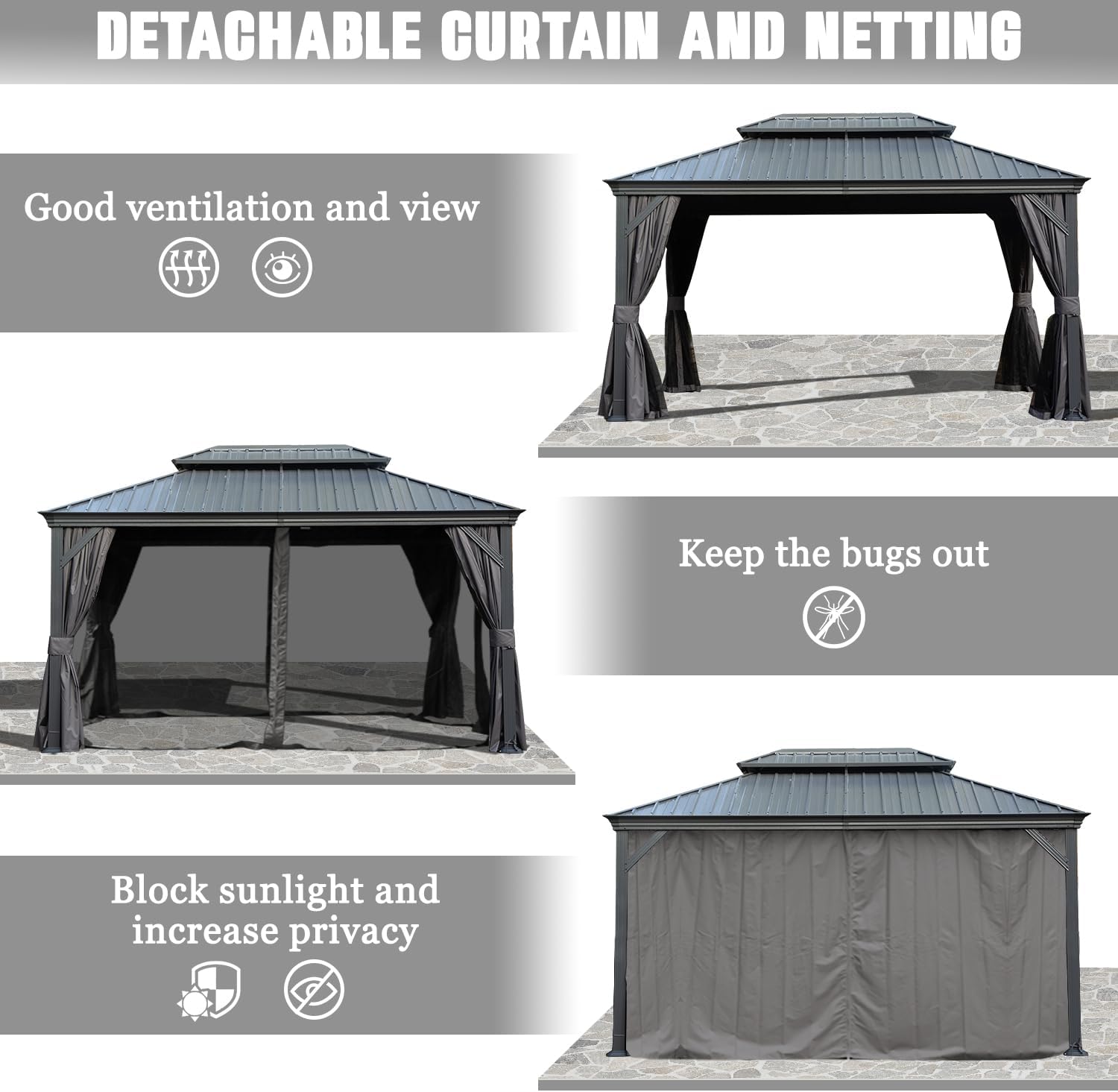 Domi Hardtop Gazebo 10x14FT, Outdoor Gazebo with Galvanized Steel Double Roof, Metal with Drainage System, Detachable Curtain and Netting, Metal Pavilion for Patio Deck Garden, Gray