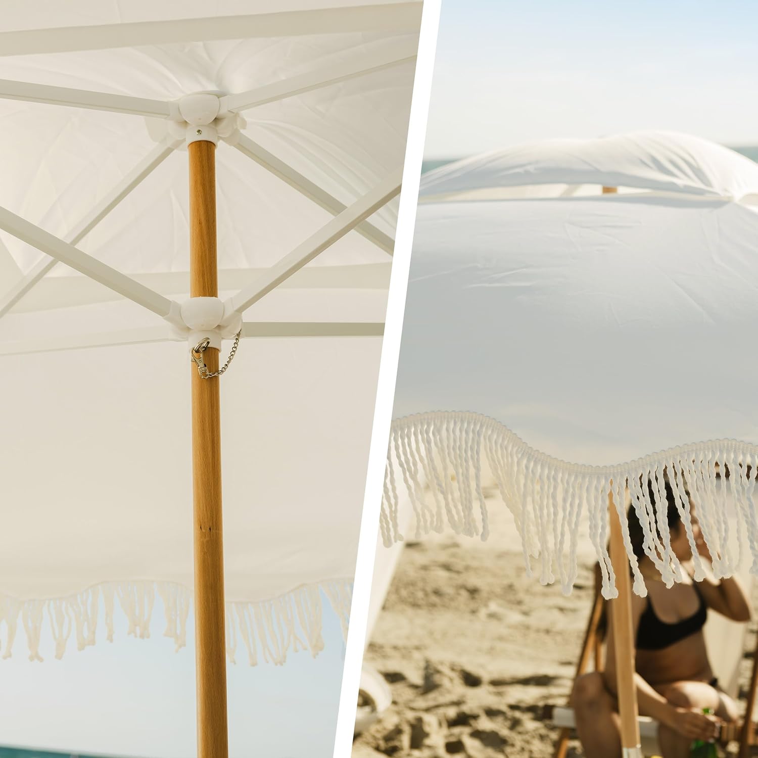 AMMSUN Beach Cabana with Beach Blanket, 7' x 7' Boho Canopy with Tassels, Premium Wood Pole, Fringe Cabana Tent with Sand Pockets, Instant Sun Shade for Sand, Garden, Outdoor, Elegant White