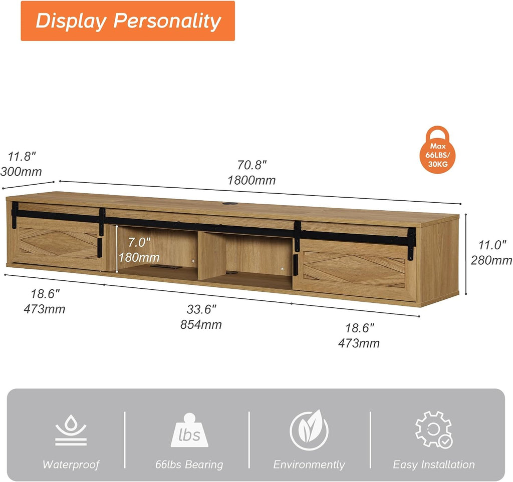 WAMPAT Floating TV Stand for TVs up to 80 Inch, Wood Entertainment Center with Charging Station, Sliding Barn Door Floating TV Shelf for Living Room,Brown
