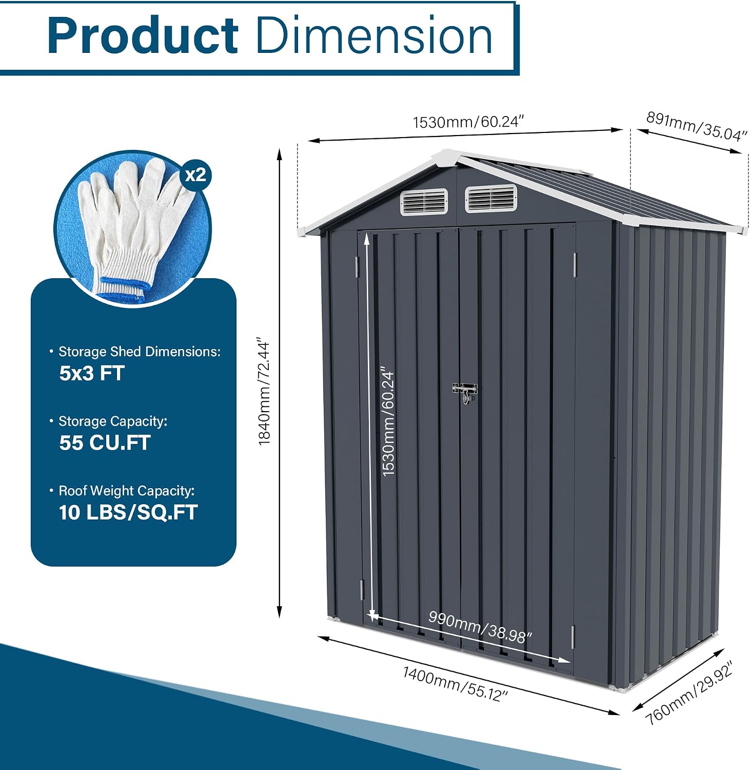 Metal Storage Shed, 5X3 FT Lockable Outdoor Tool Shed with Air Vent, Galvanized Steel Garden Shed for Backyard, Patio, Garden, Bike Storage or Outdoor Use, Grey
