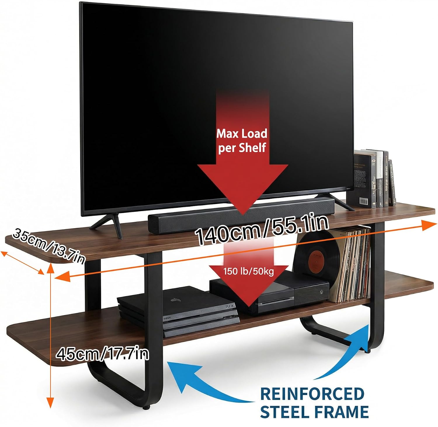 Welnow Walnut TV Stand for 65' TV, Mid Century Modern Entertainment Center with 2-Tier Open Shelves, Versatile Modern TV Console & Table for Living Room & Gaming