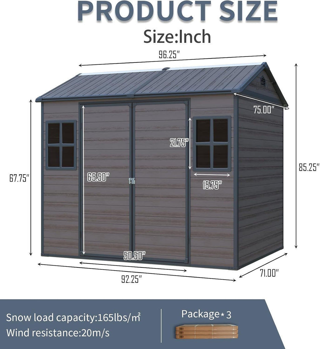 8x6 ft Outdoor Resin Storage Shed with Floor, Waterproof Plastic Garden Shed with Lockable Door and Two Windows, All-Weather Tool Sheds for Backyard, Patio, Lawn (Brown)