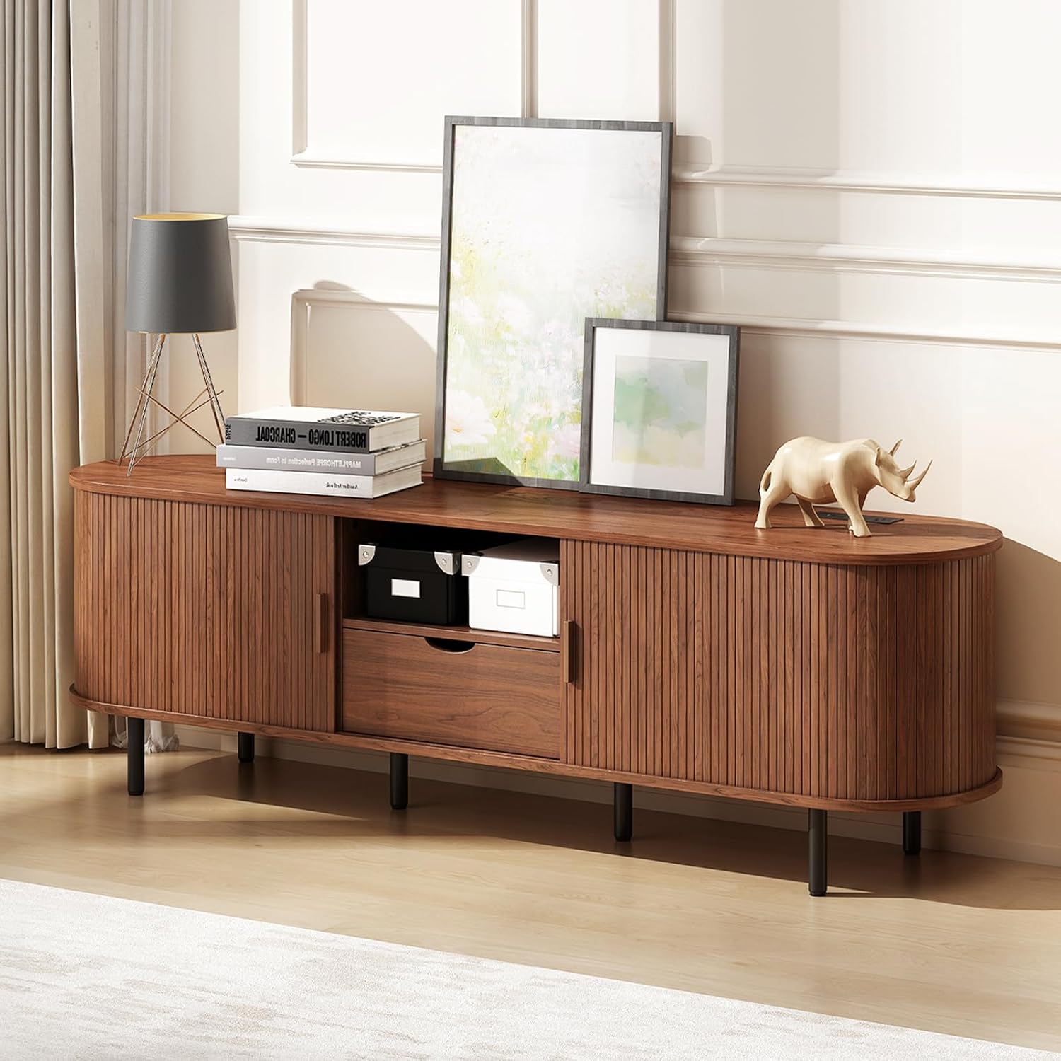 69' Mid-Century TV Stand with Power Outlet, Fluted Entertainment Center with Storage Drawer, TV Console with Sliding Door and Adjustable Shelves, TV Stand up to 80' for Living Room, Bedroom, Walnut