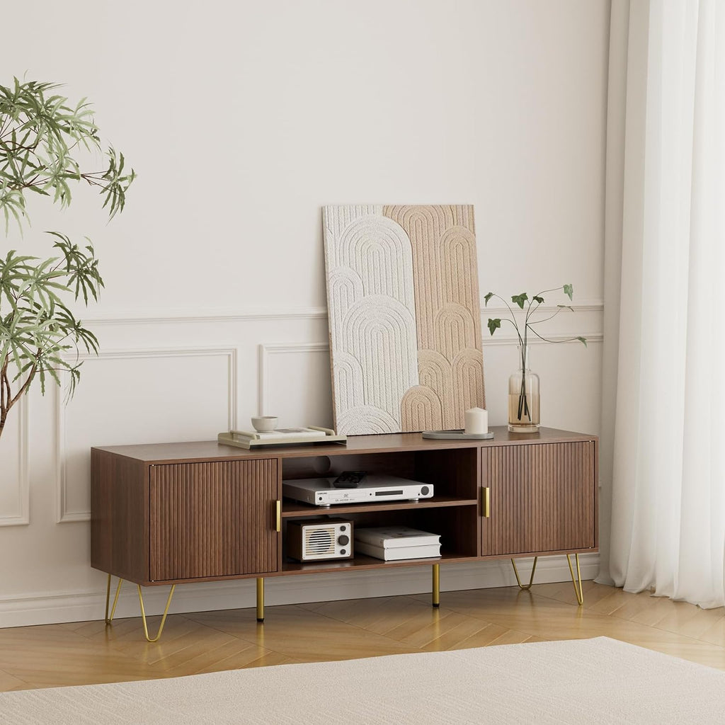 TV Stand for 55-65 Inch TV, Entertainment Center with Soft Hinge Door,TV Console Table with 2 Cabinets with Gold Handle and Feet,for Living Room, Bedroom, Walnut