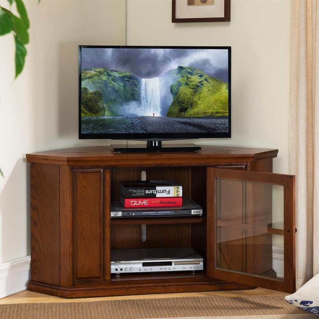 Opal Corner TV Stand for 50 Inch TVs, 46 Inch, Burnished Medium Oak, Space-Saving with Adjustable Shelf and Glass Door, Wood Entertainment Console – Leick Home, 88285