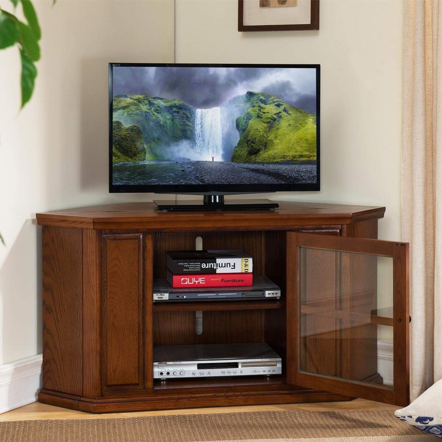 Opal Corner TV Stand for 50 Inch TVs, 46 Inch, Burnished Medium Oak, Space-Saving with Adjustable Shelf and Glass Door, Wood Entertainment Console – Leick Home, 88285