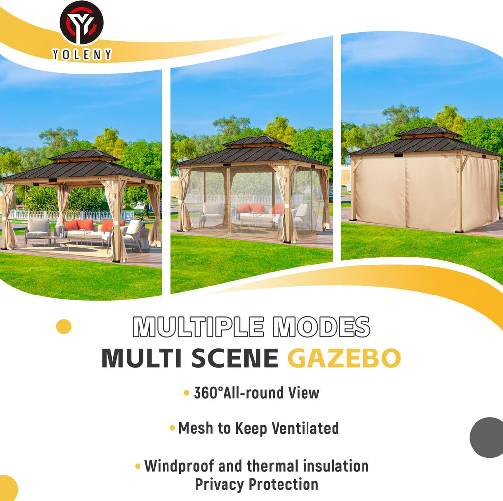 YOLENY 11' x 13' Solid Spruce Wood Gazebo, Hardtop Gazebo with Coated Wood Frame, Waterproof Asphalt Double Roof, Nettings and Curtains for Lawns, Gardens, Decks, and Patios