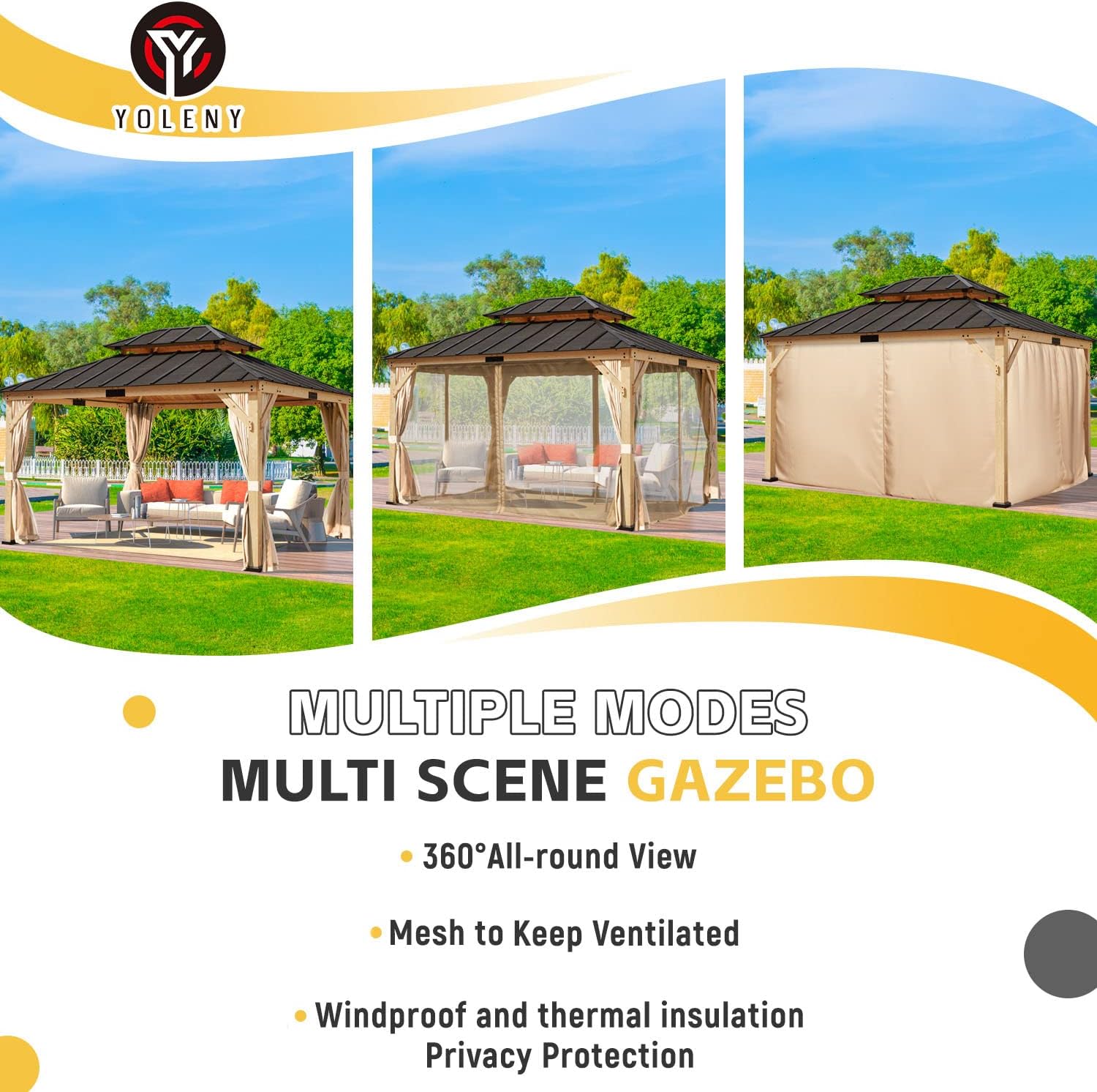 YOLENY 11' x 13' Solid Spruce Wood Gazebo, Hardtop Gazebo with Coated Wood Frame, Waterproof Asphalt Double Roof, Nettings and Curtains for Lawns, Gardens, Decks, and Patios