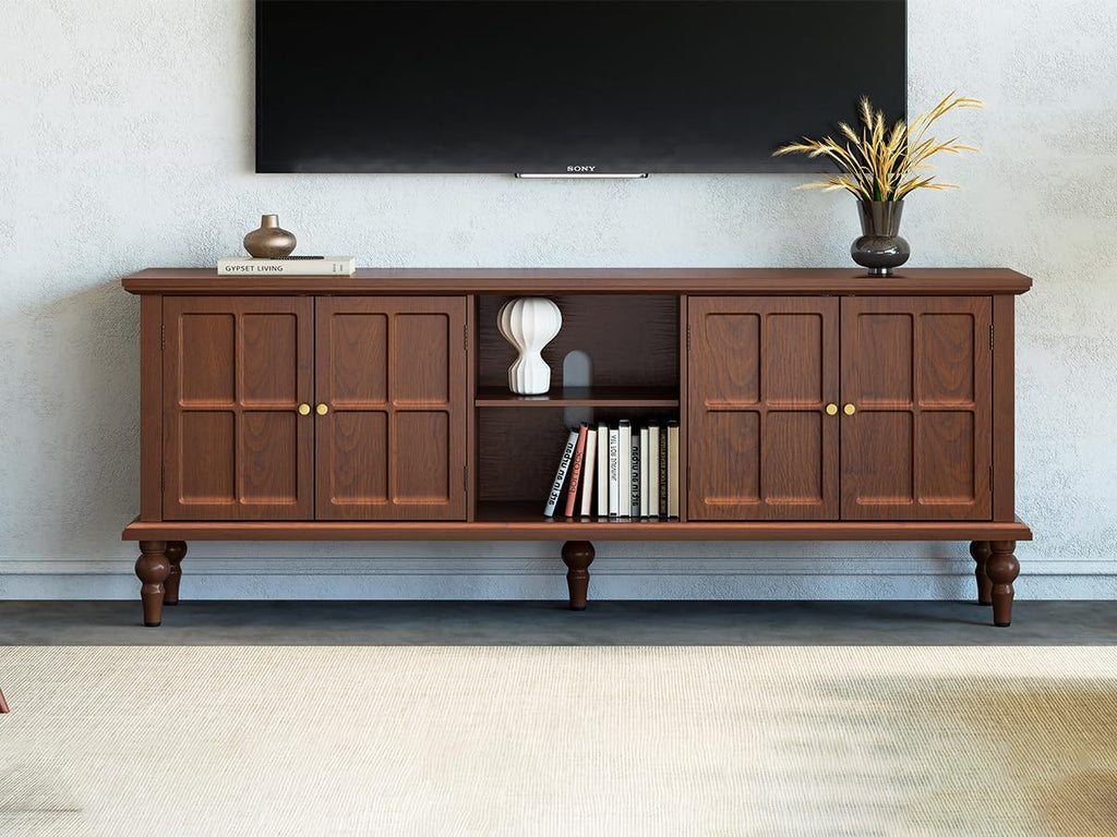 3More 67' Mid Century Modern TV Stand with Window Design,Wood Entertainment Center with Open Shelf,Up to 70' Media TV for Living Room or Bedroom,Walnut