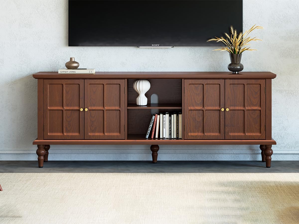 3More 67' Mid Century Modern TV Stand with Window Design,Wood Entertainment Center with Open Shelf,Up to 70' Media TV for Living Room or Bedroom,Walnut