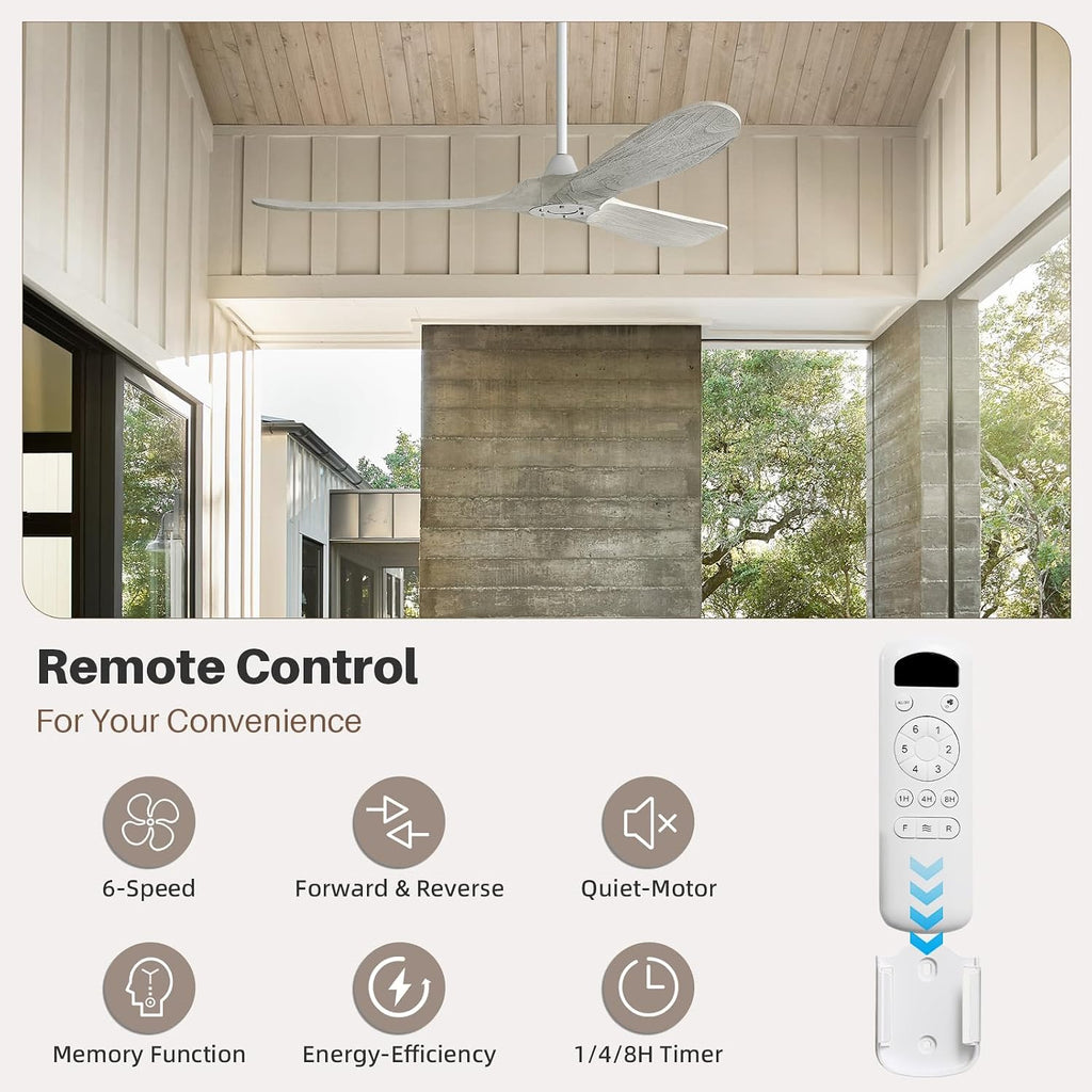 CACI Mall 60' Ceiling Fan no Light, Outdoor Ceiling Fans for Patios Without Lights, Remote Control, Solid Wood 3 Blades, Quiet, Indoor Ceiling Fan for Living Room, Patio, Bedroom, Porch, Farmhouse