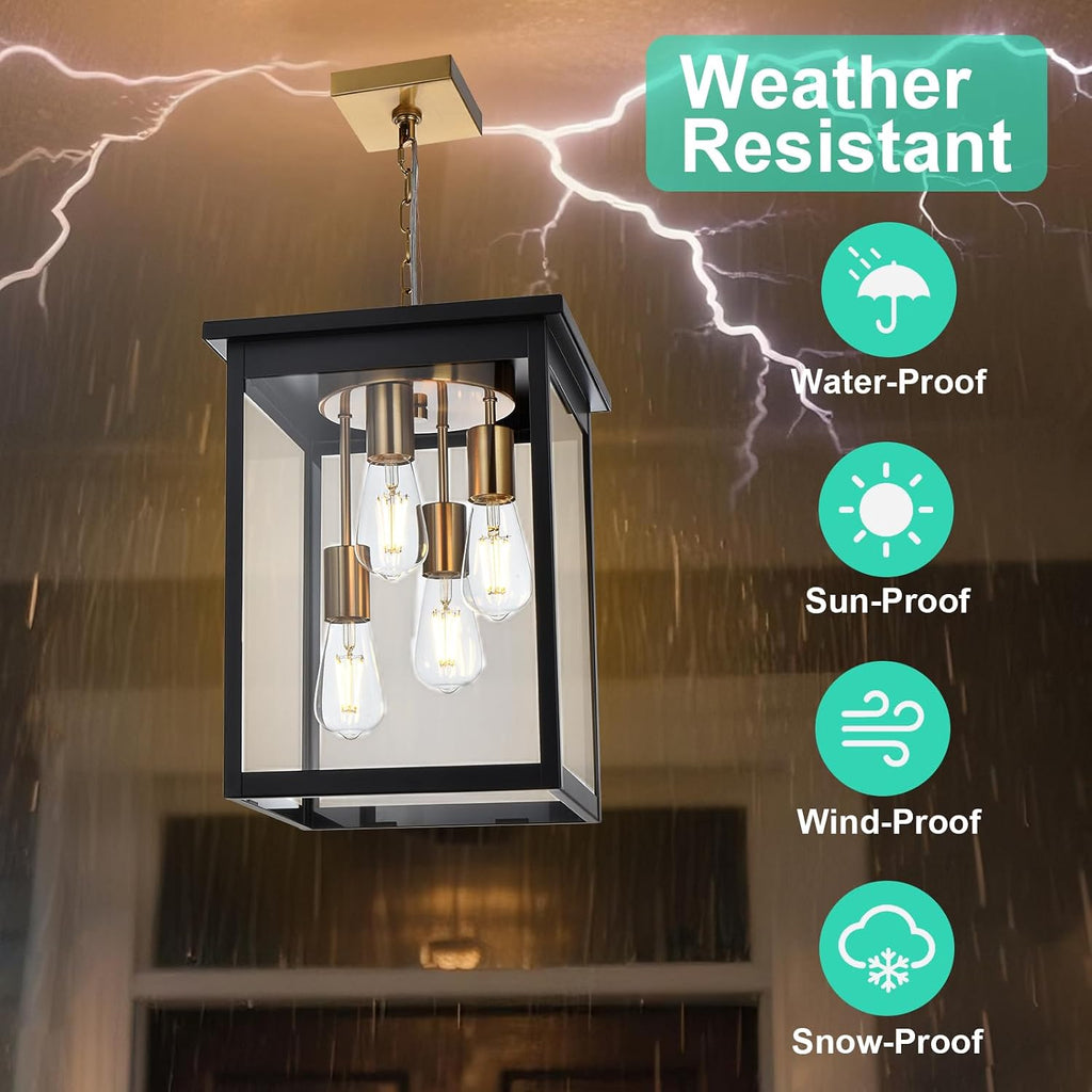 Yaohong Large Outdoor Pendant Light, 4-Lights Black and Brushed Brass Exterior Hanging Porch Chandelier Lantern with Clear Glass, Outdoor Ceiling Light Fixture for Entryway Gazebo Patio