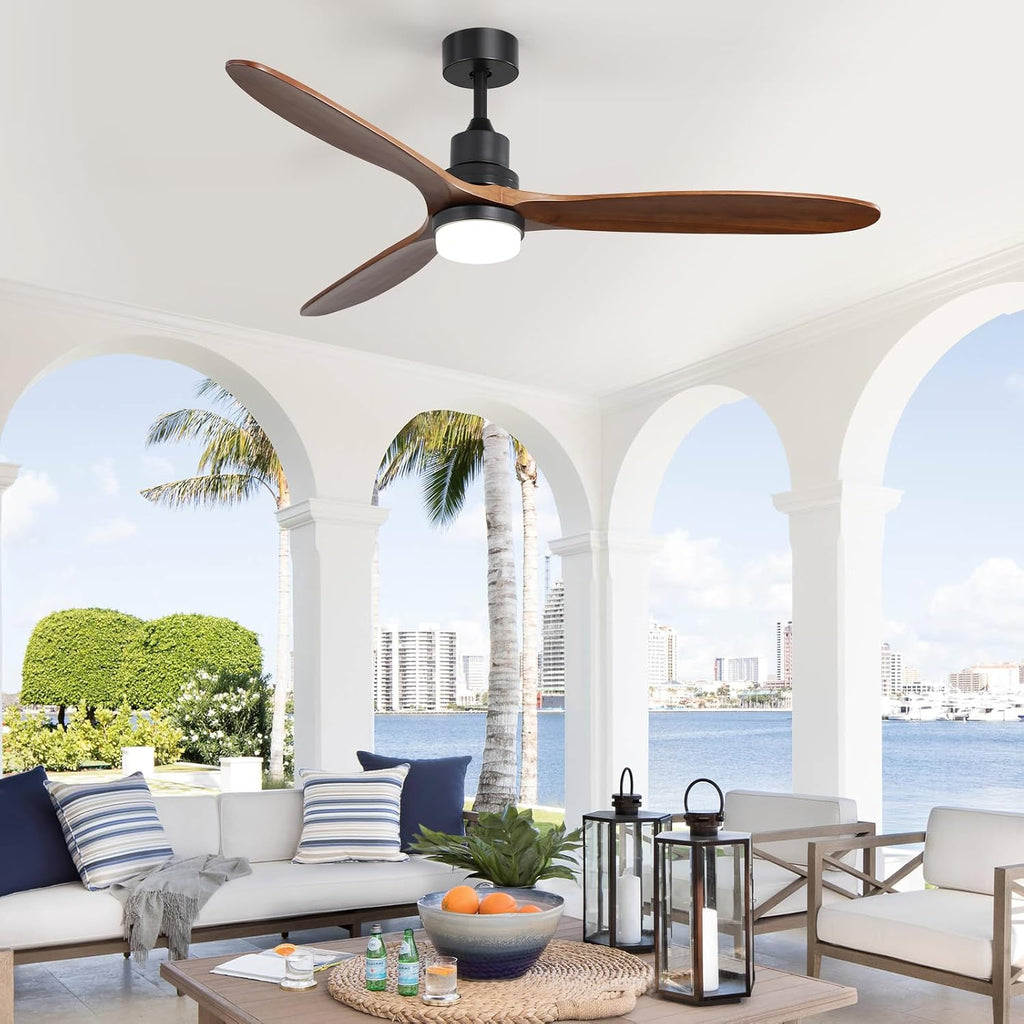 CACI Mall 60 Inch Solid Wood Ceiling Fan with Light, Outdoor for Covered Patios, Remote Control, 3 Walnut Blades, Dimmable, Noiseless, for Living Room, Gazebo, Farmhouse