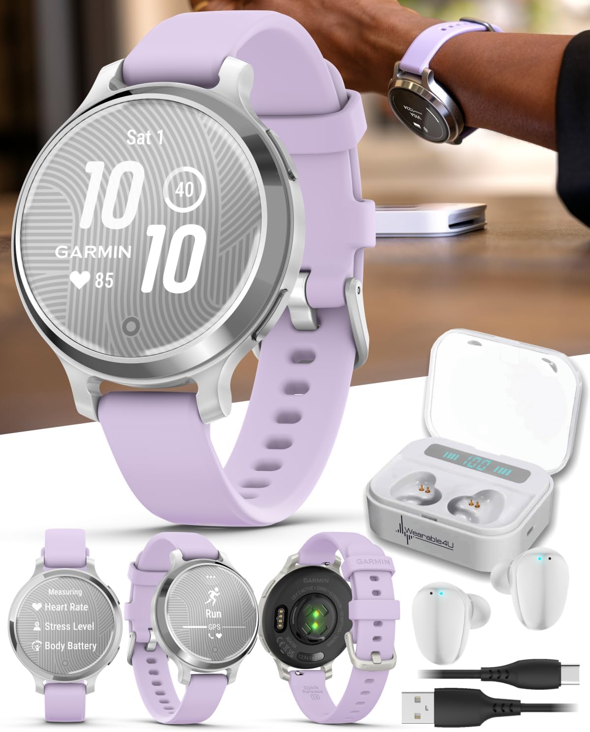 Garmin Lily 2 Active, Silver with Purple Jasmine Silicone Band, Smartwatch, Built-in GPS, Hidden Display, Patterned Lens, Up to 9 Days Battery Life w White Earbuds Bundle