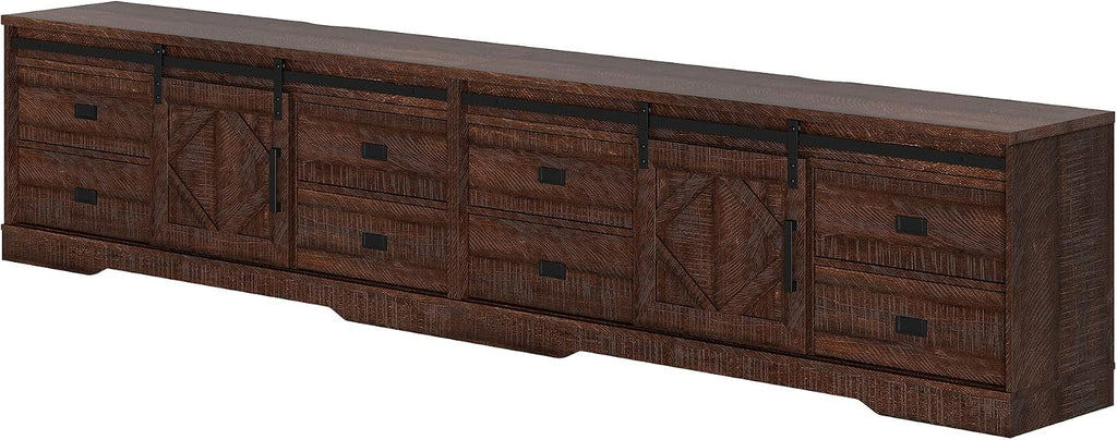 WAMPAT 118' Wide Modern Farmhouse 2 in 1 TV Stand for up to 130' TVs,Faux Bark Finish Wood Entertainment Center with 8 Drawers and Sliding Barn Doors for Living Room, Rustic Brown