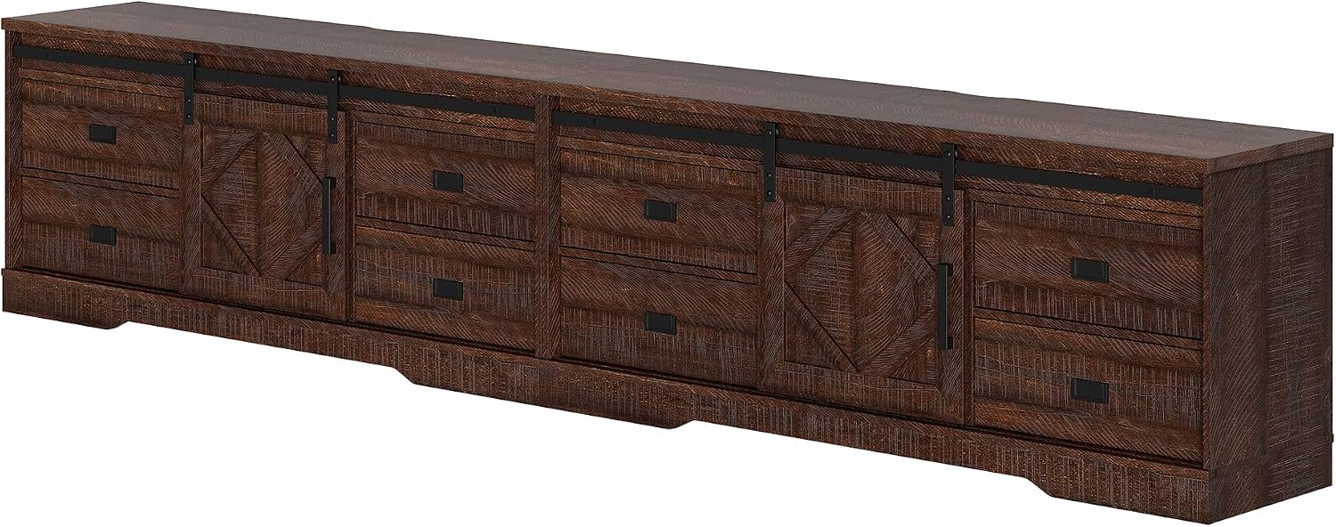 WAMPAT 118' Wide Modern Farmhouse 2 in 1 TV Stand for up to 130' TVs,Faux Bark Finish Wood Entertainment Center with 8 Drawers and Sliding Barn Doors for Living Room, Rustic Brown