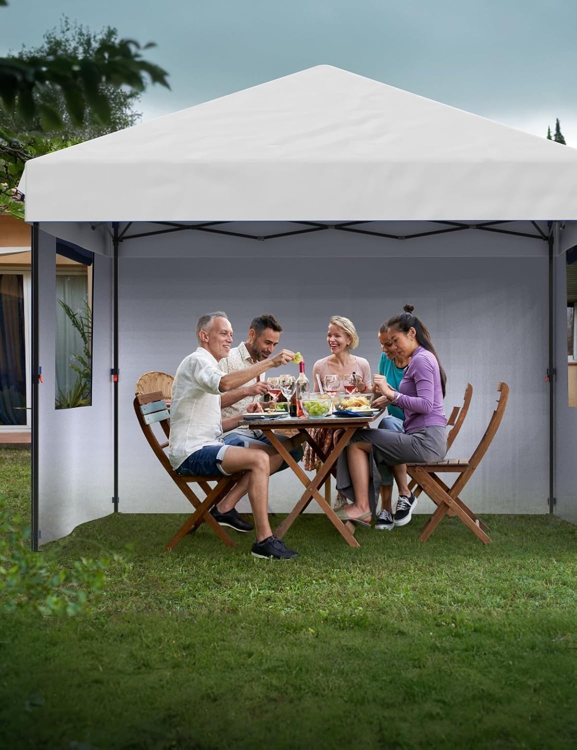 10x10 Pop Up Canopy Tent with 3 Sidewall - One-Button Instant Setup, Heavy-Duty 210D Oxford Fabric & Rust-Proof Frame - 3 Adjustable Heights, Roller Bag, 4 Sandbags - UV Protection for Beach, Party