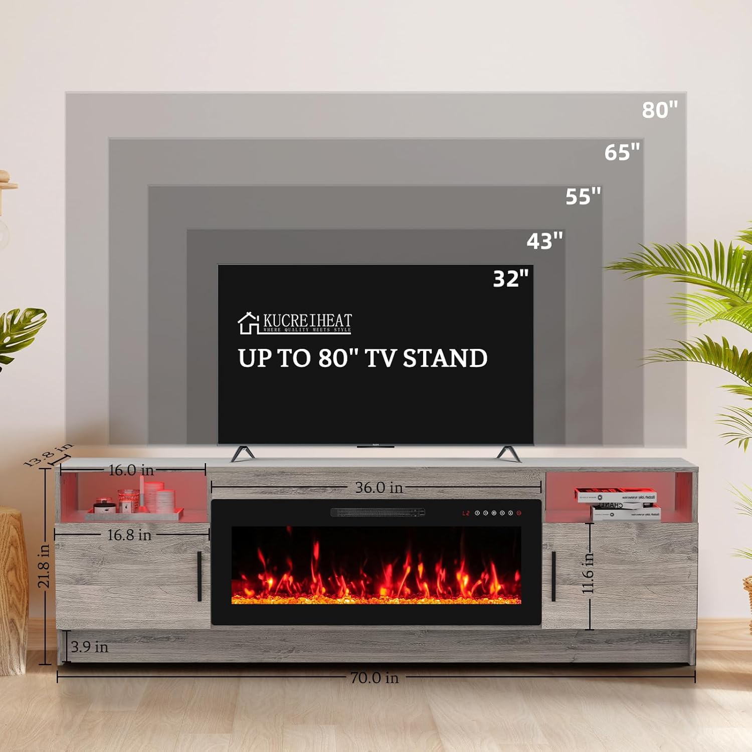 Kucreiheat Fireplace TV Stand for 65-80 inch TV, Large Entertainment Center with Fireplace & LED Lights,High Gloss Living Room Storage Cabinet, Grey, 70''(Crystal)