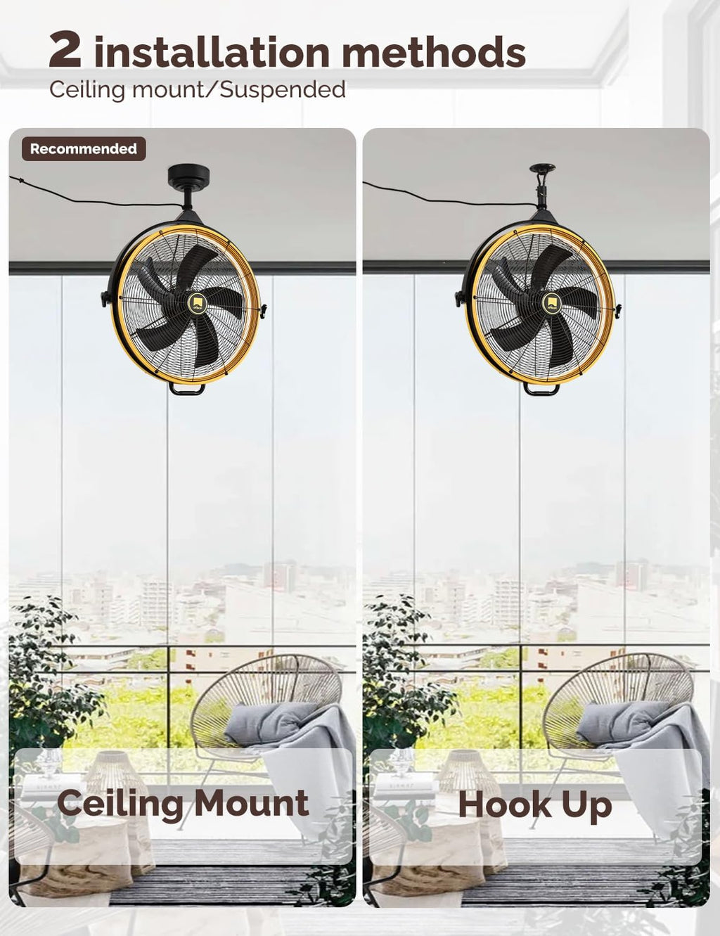 Orison 24.8'' Outdoor Ceiling Fan, 6 Speed Ceiling Mounted Plug-In Cord Garage Fan with Remote&APP, 360-degree Manual Vertical Rotation, Hook up, Gazebo, Patio, Pergola (5 blades- Yellow&Black)