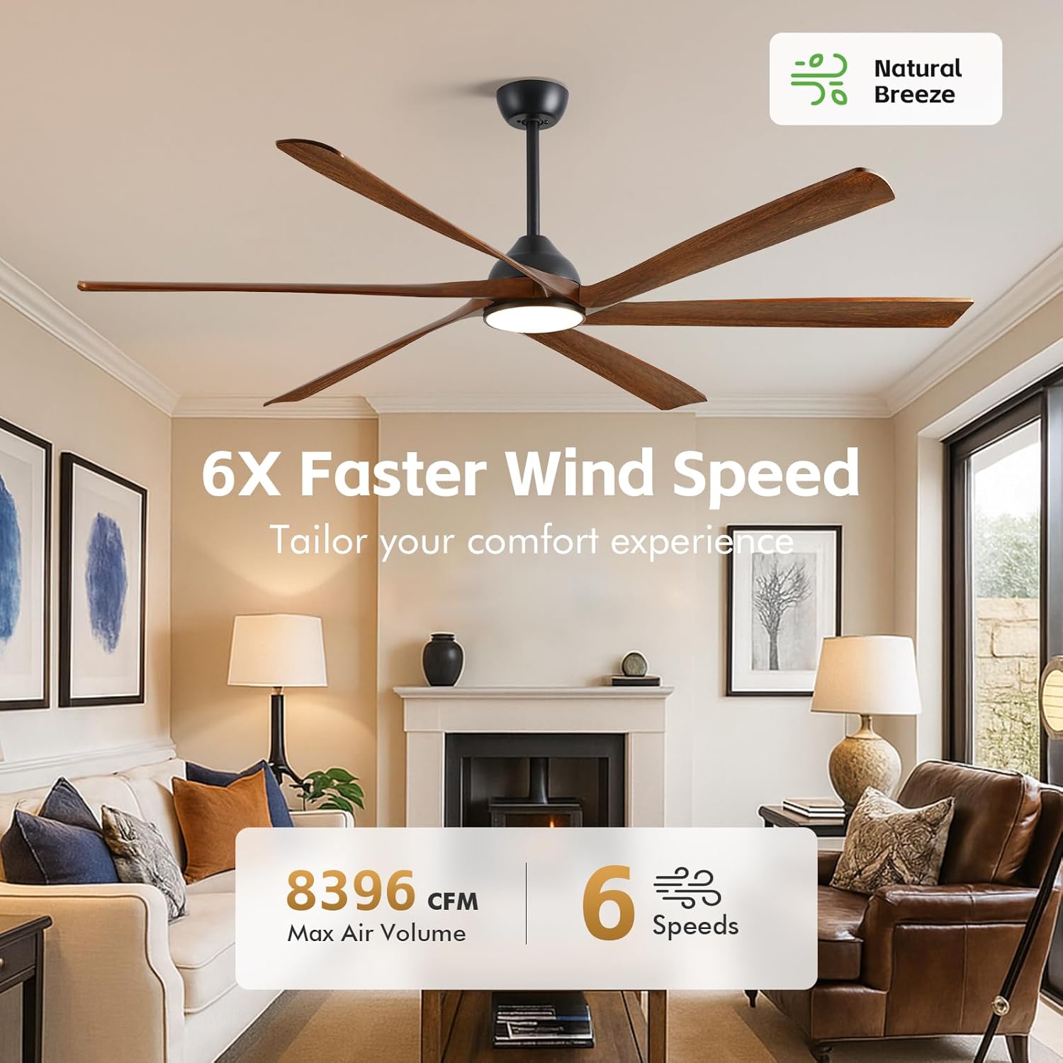 72 Inch Outdoor Ceiling Fan with Light, WiFi Smart Alexa/App/Remote Control, 6 Modern Farmhouse Solid Wood Blades, High CFM Reversible Quiet DC Motor, Damp Rated for Large Patios, Indoor High Ceiling