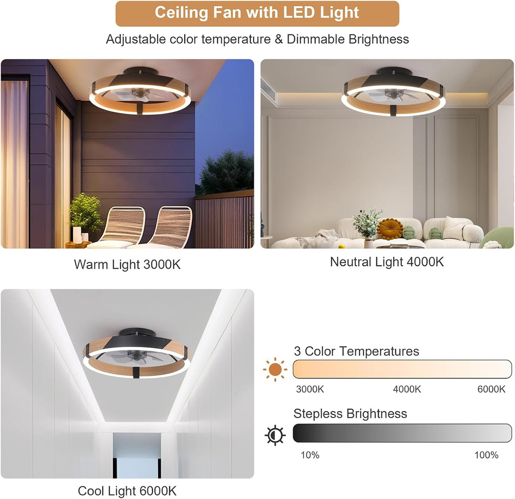 Garwarm 20IN Low Profile Ceiling Fans with Lights and Remote, 30W Fandelier Ceiling Fan Flush Mount,3000K-6500K Dimmable Bladeless LED Fan Light for Bedroom Kitchen Living Room Dining Room