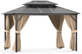 10X13 FT Hardtop Gazebo with Double Roof, Heavy-Duty Aluminum Frame & All-Weather Polycarbonate Canopy, Includes Netting & Curtains for Patio, Garden, Poolside Khaki